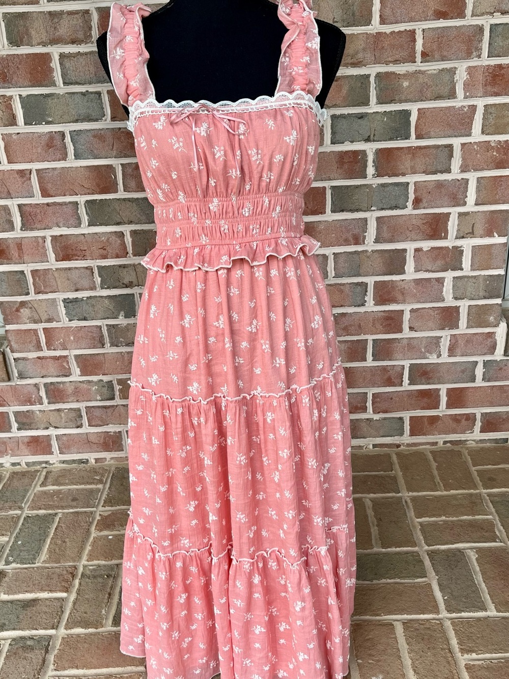 Trixxi Pink Floral Smocked Cottagecore Prairie Midi Dress Small EUC